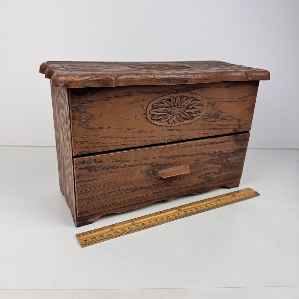 Vtg Plastic Lerner Tabletop Drawer‎ Storage Box Faux Fake Wood Grain Brown Tan
